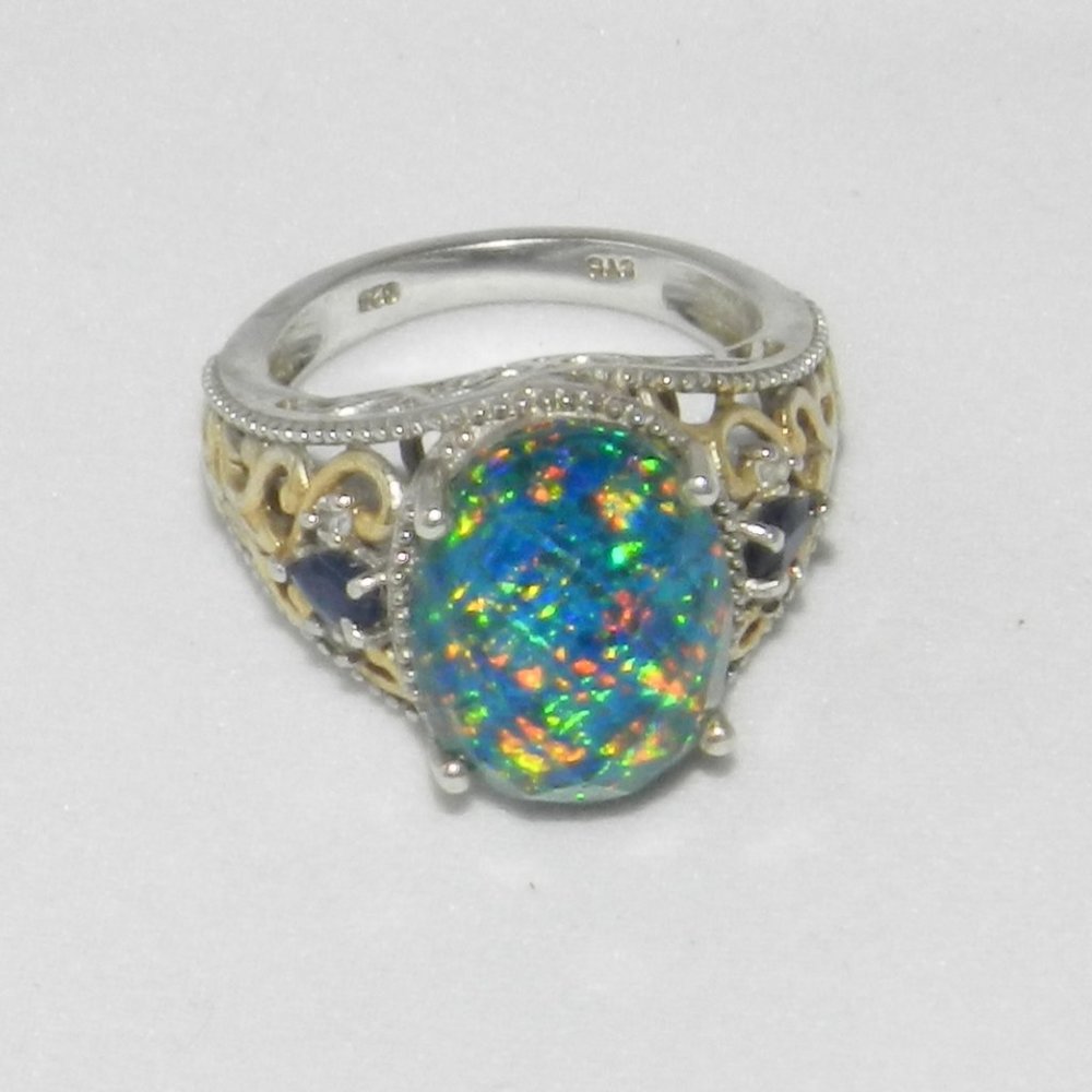 Vintage  Blue Fire Opal 925 Sterling Silver Ring Size 8.5 Women's - Picture 11 of 14